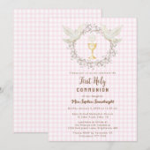 009 Fuchsia-Taube & Chalice Gingham Erstkommunion Einladung (Vorne/Hinten)