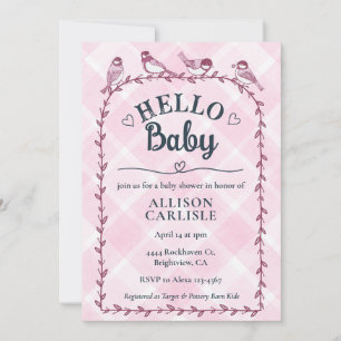 009 Fuchsia Watercolor Gingham Vögel Baby Shower Einladung