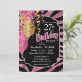 00. BIrthday - Pink & Black Zebra Streifen Einladung (Stehend Vorderseite)