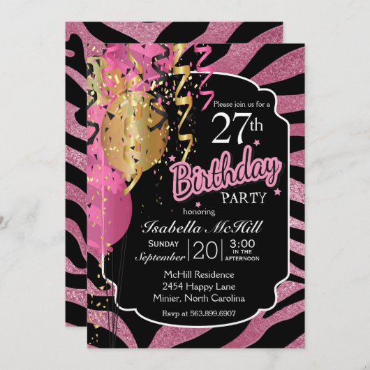 00. BIrthday - Pink & Black Zebra Streifen Einladung (Vorne/Hinten)