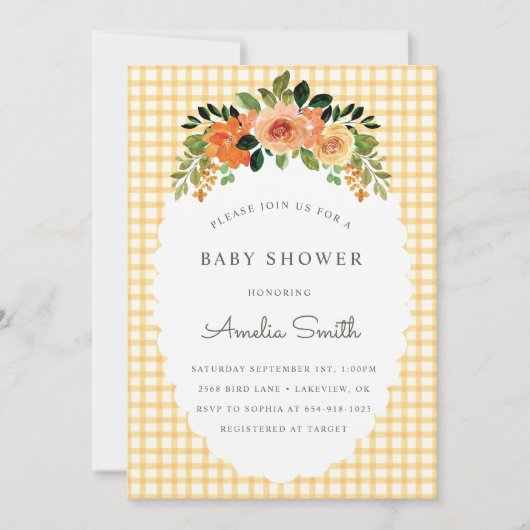 010 Amber Floral Gingham Baby Shower Invitations Einladung (Vorderseite)