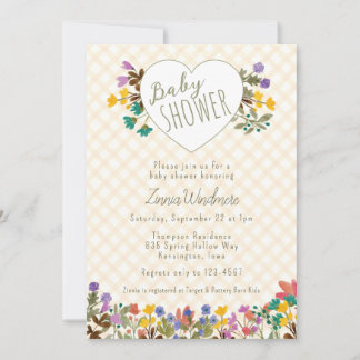 010 Amber Gingham Garten Herz Blumen Baby Shower Einladung