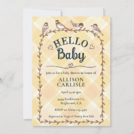010 Amber Watercolor Gingham Birds Baby Shower Einladung