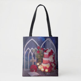 0128-Hochzeitstorte mit Kerzen, Schleier, Bouquet Tasche