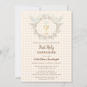 012 Copper Dove & Chalice Gingham Erstkommunion Einladung