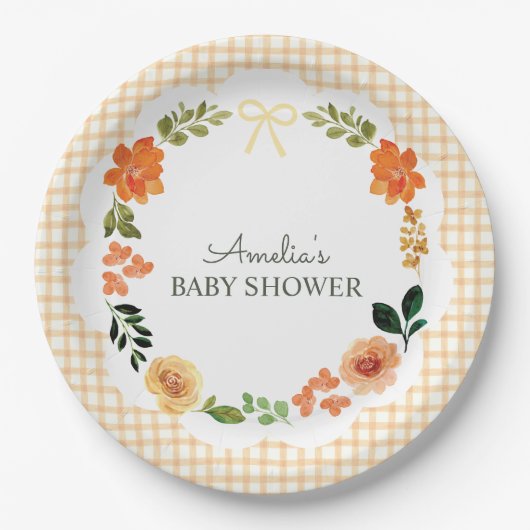 012 Kupfer-Blumen-Gingham-Baby-Party Pappteller (Vorderseite)