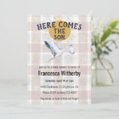 013 Chocolate 020 Fog Sun Plaid Stork Baby Shower Einladung (Stehend Vorderseite)