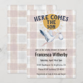 013 Chocolate 020 Fog Sun Plaid Stork Baby Shower Einladung (Vorne/Hinten)