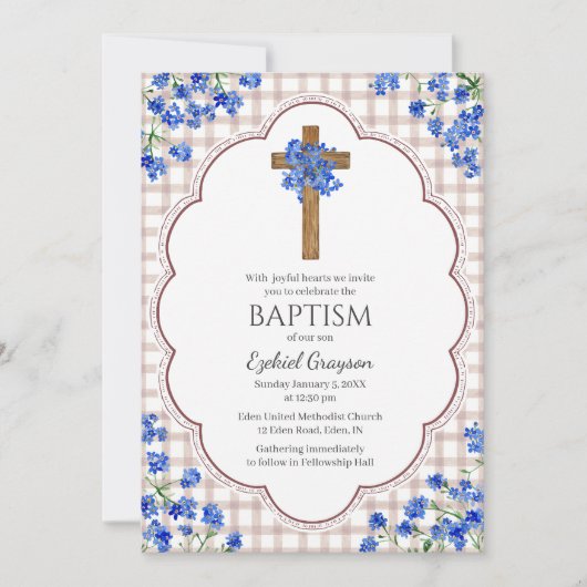 013 Chocolate Blossom Rustic Cross Design Baptism Einladung (Vorderseite)
