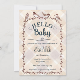 013 Chocolate Watercolor Gingham Birds Baby Shower Einladung