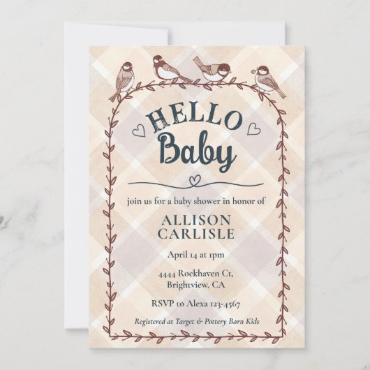 013 Chocolate Watercolor Gingham Birds Baby Shower Einladung (Vorderseite)