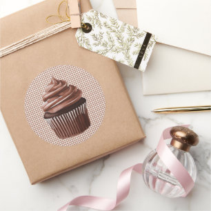 013 Schokoladen-Cupcake auf Gingham-Aufkleber Runder Aufkleber