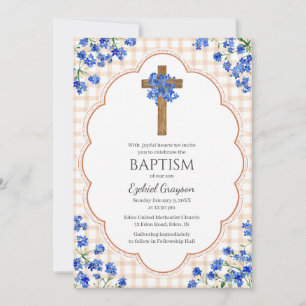 014 Latte Blüten Rustikales Kreuz Design Taufe Einladung