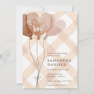 014 Latte Braune Herzen Ballons Gingham Babyparty Einladung