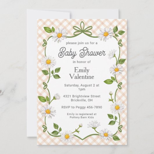 014 Latte Brown Floral Daisy Plaid Baby Shower Einladung (Vorderseite)
