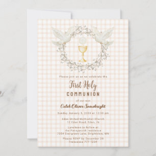 014 Latte Dove & Chalice Gingham Erstkommunion Einladung