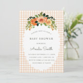 014 Latte Floral Gingham Baby Shower Invitations Einladung (Stehend Vorderseite)