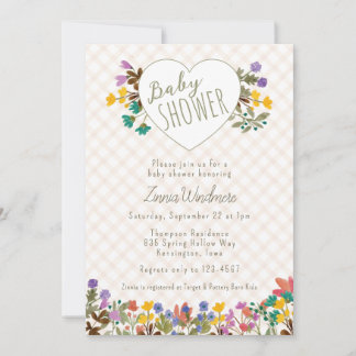 014 Latte Gingham Garten Herz Blumen Baby Shower Einladung