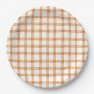 014 Latte Tan Watercolor Gingham L Papierplatten Pappteller