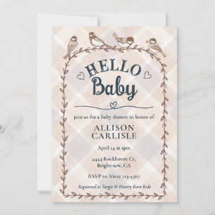014 Latte Wasserfarbe Gingham Vögel Babyparty Einladung
