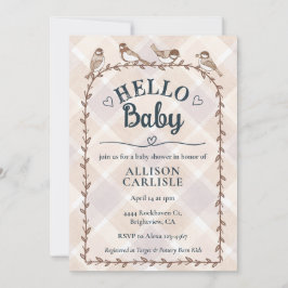 014 Latte Watercolor Gingham Birds Baby Shower Einladung