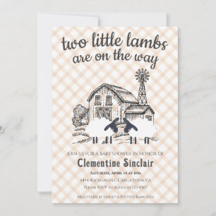 014 Latte Zwei Lämmer Farm Kariert Baby-Party Einladung