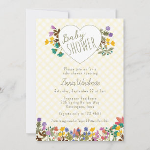 015 Gelb Gingham Garten Herz Blumen Baby-Party Einladung