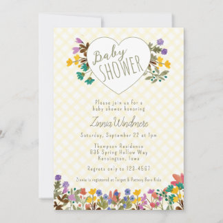 015 Gelb Gingham Garten Herz Blumen Baby-Party Einladung