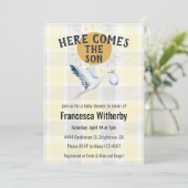 015 Lemon 020 Fog Sun Plaid Stork Baby Shower Einladung (Stehend Vorderseite)