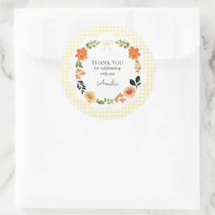015 Zitronengelb Floral Gingham Babyparty Runder Aufkleber