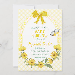 015 Zitronengelb Gingham Schleife Gänseblümchen Ba Einladung