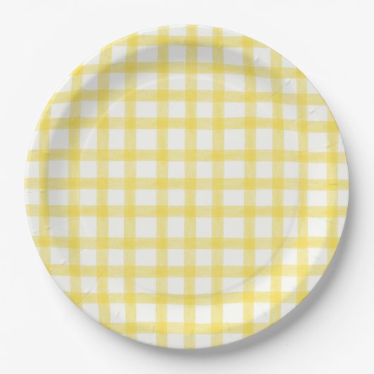 015 Zitronengelb Wasserfarbe Gingham L Papierplatt Pappteller (Vorderseite)