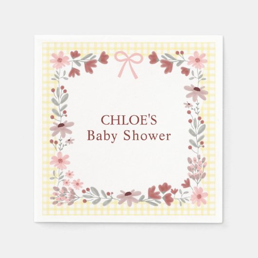 015 Zitronengelb Wildblumen-Schleife Gingham-Baby- Serviette (Vorderseite)
