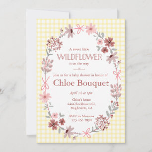 015 Zitronengelbe Wildblumen-Gingham-Baby-Party-Ei Einladung