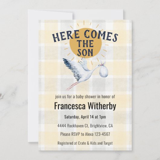 016 Marigold 020 Fog Sun Plaid Stork Baby Shower Einladung (Vorderseite)