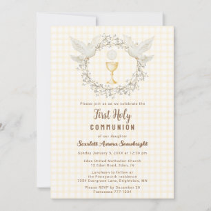 016 Marigold Dove & Chalice Gingham Erstkommunion Einladung