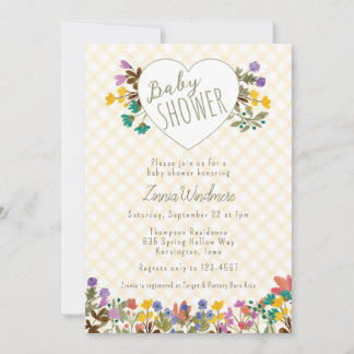 016 Marigold Karo Garten Herz Blumen Baby-Party Einladung