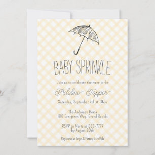 016 Ringelblumen-Gelb Regenschirm1 Gingham-Baby Sp Einladung