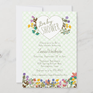 017 Moos Gingham Garten Herz Blumen Baby-Party Einladung