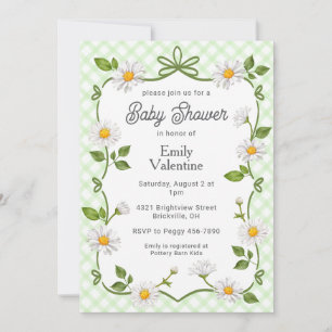 017 Moosgrün Floral Gänseblümchen Kariert Baby Sho Einladung