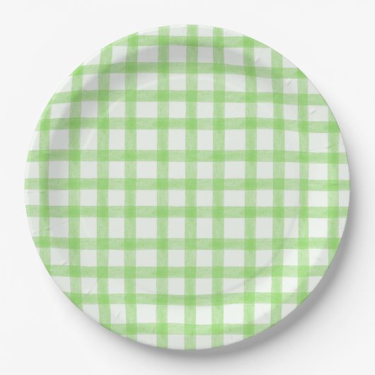 017 Moosgrün Wasserfarbe Gingham L Papierplatten Pappteller (Vorderseite)