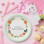 017 Moosgrüne Blumen-Gingham-Baby-Party Pappteller (Party)