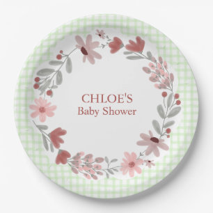 017 Moosgrüne Wildblumen-Bogenrahmen Gingham Pappteller
