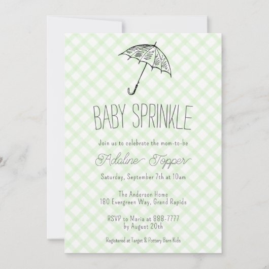 017 Moosgrüner Regenschirm Gingham Baby Sprinkle Einladung (Vorderseite)
