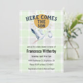 017 Moss 020 Fog Sun Plaid Stork Baby Shower Einladung (Stehend Vorderseite)