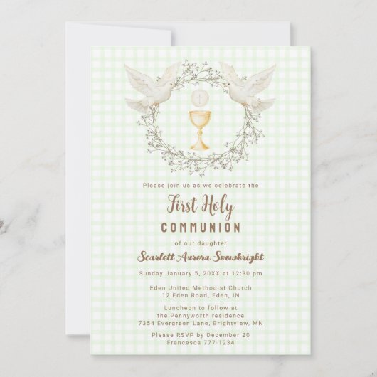 017 Moss Dove & Chalice Gingham Erstkommunion Einladung (Vorderseite)