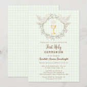 017 Moss Dove & Chalice Gingham Erstkommunion Einladung (Vorne/Hinten)