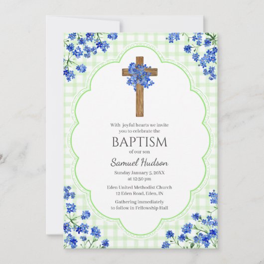 017 Moss Green Blossom Rustic Cross Design Baptism Einladung (Vorderseite)