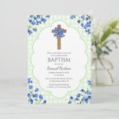 017 Moss Green Blossom Rustic Cross Design Baptism Einladung (Stehend Vorderseite)