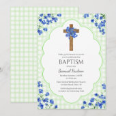 017 Moss Green Blossom Rustic Cross Design Baptism Einladung (Vorne/Hinten)